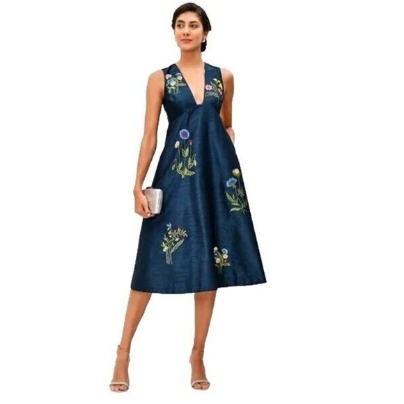 Wayward Fancies eShakti L Floral Embroidery Dupioni Midi Empire Indigo Dress - Picture 16 of 16